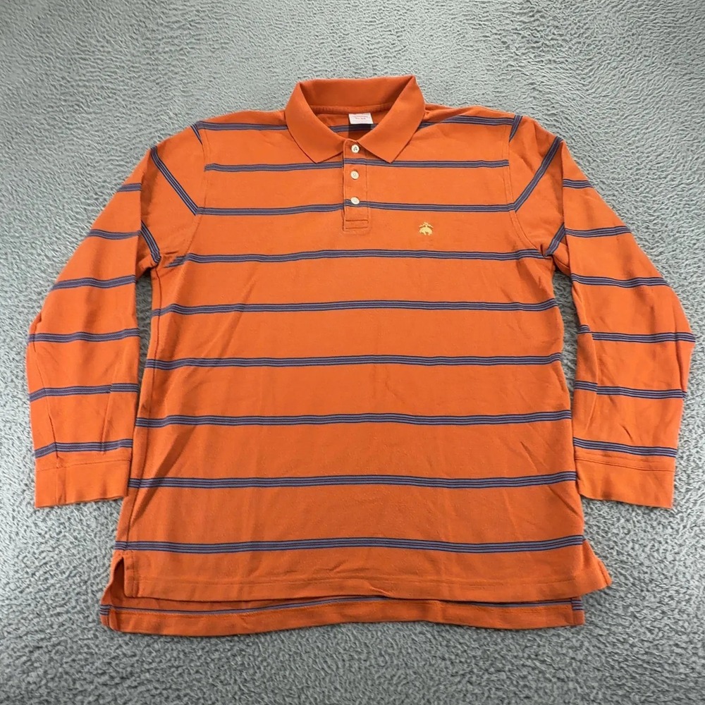 Brooks Brothers Mens Large Orange Blue Stripe Performance Polo Long Sleeve Shirt